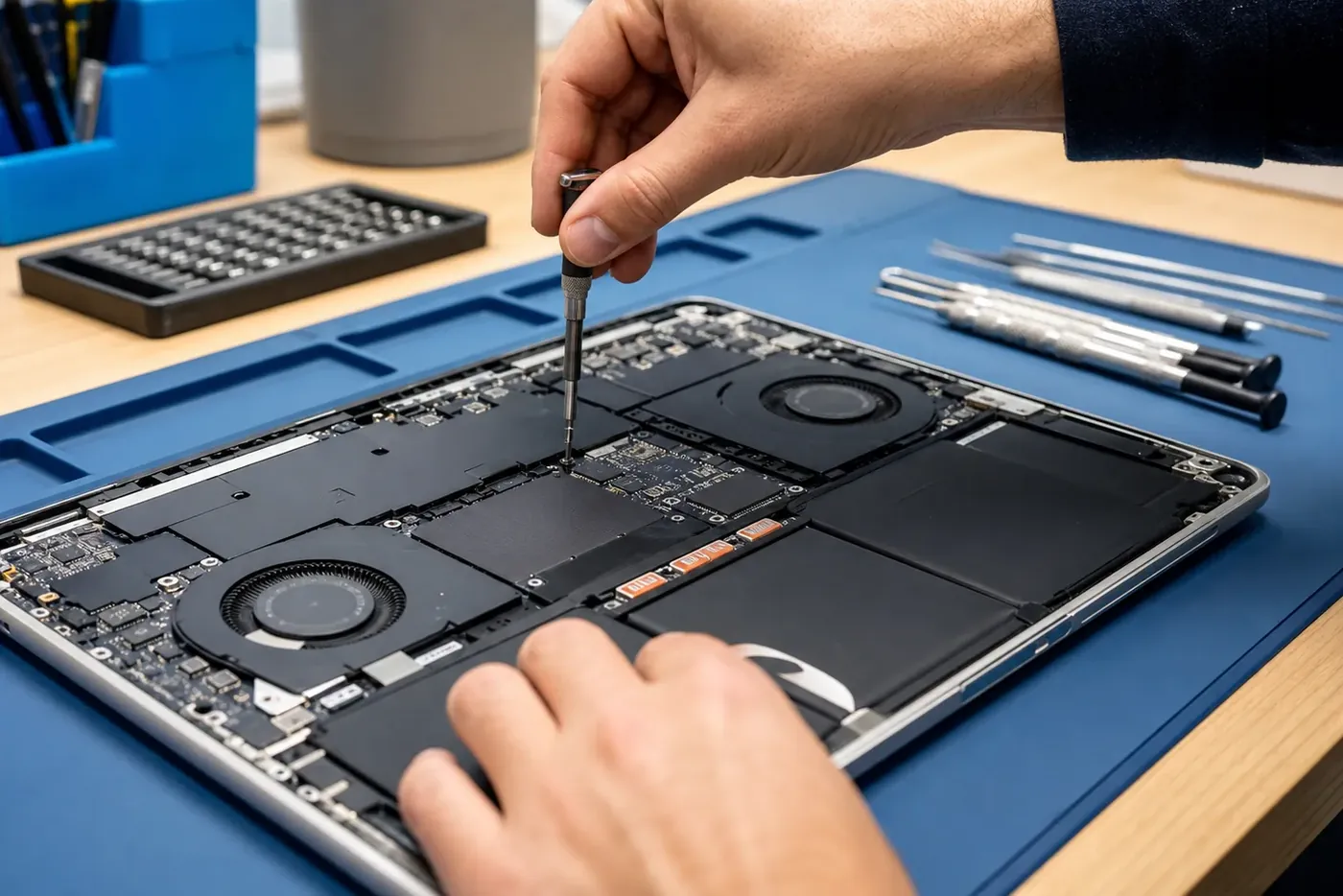 De werkbank van Veenstra IT in de werkplaats in Hoevelaken
