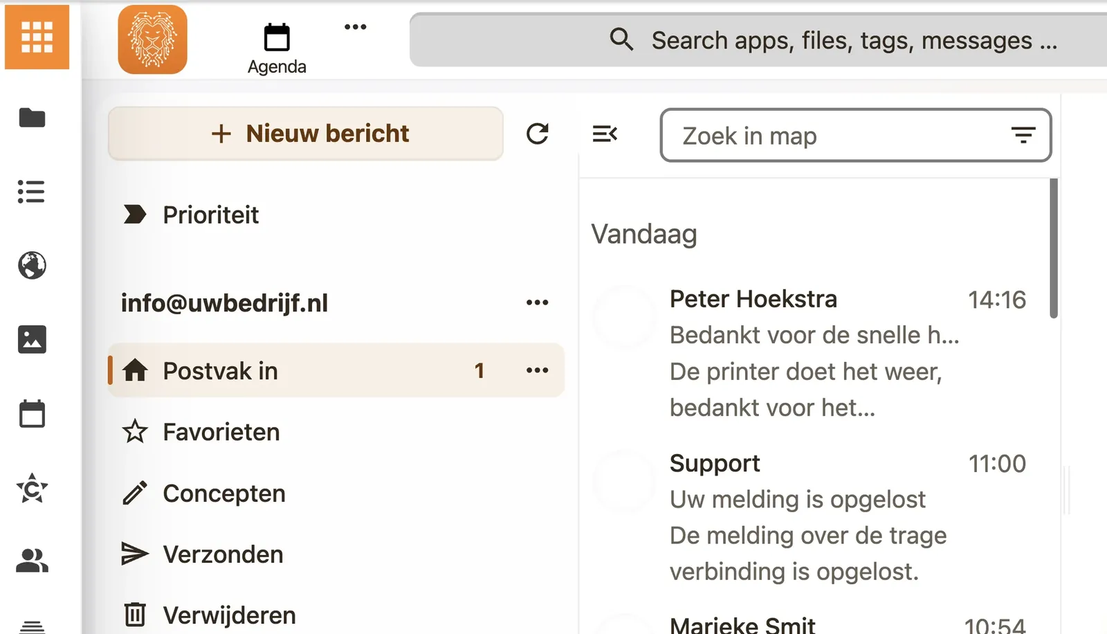 Schermafbeelding van de mail in Veenstra IT Werkplek: het postvak in van info@uwbedrijf.nl met de berichten van vandaag