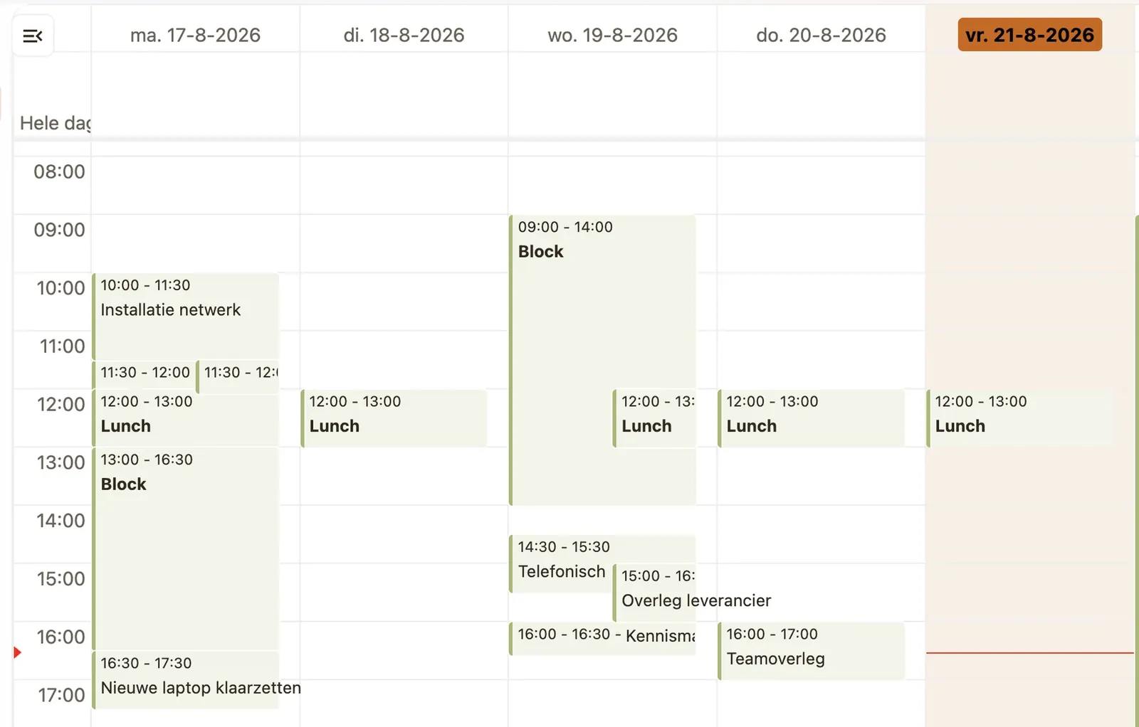 Schermafbeelding van de agenda in Veenstra IT Werkplek met een werkweek vol afspraken