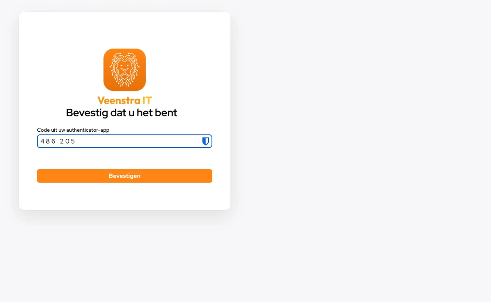 Schermafbeelding van het inlogscherm van Veenstra IT Werkplek dat om een code uit een authenticator-app vraagt